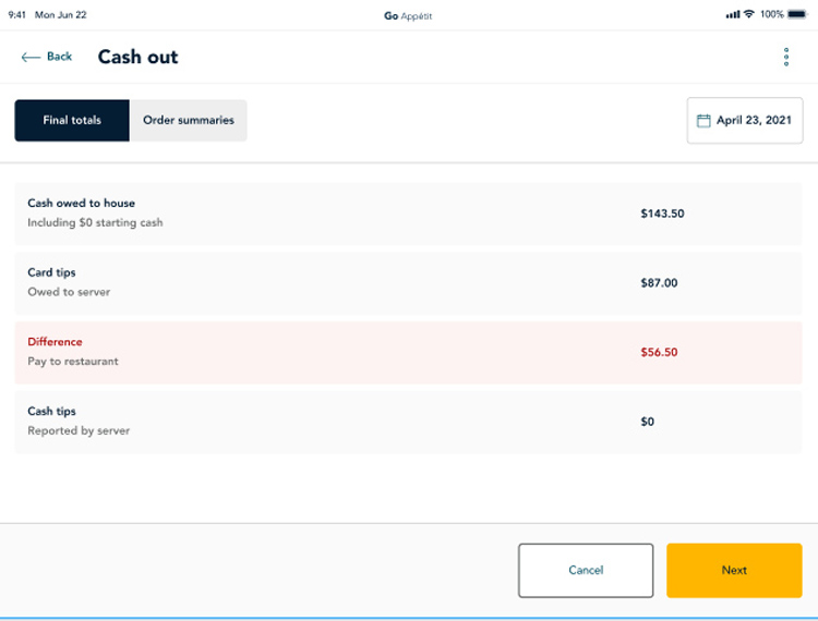 cash out screen